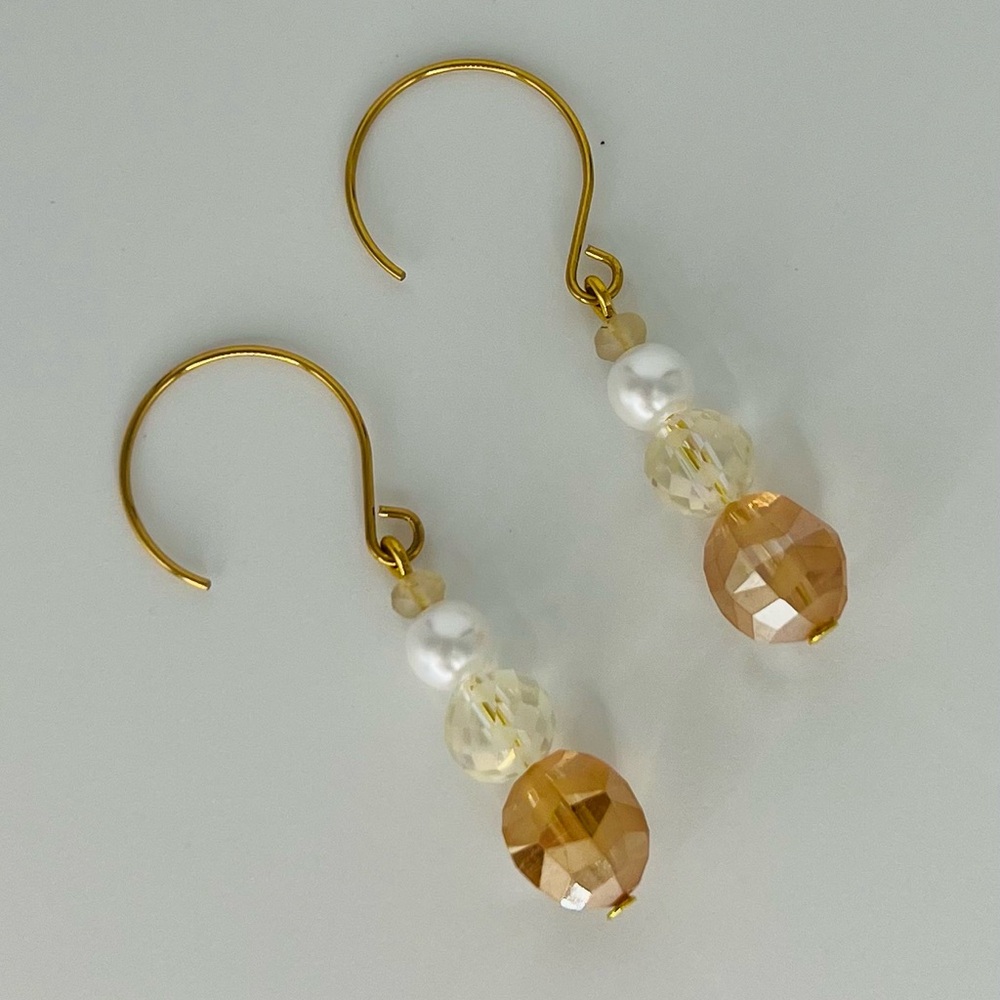 Amber, Pale Yellow and Faux Pearl Dangle Earrings